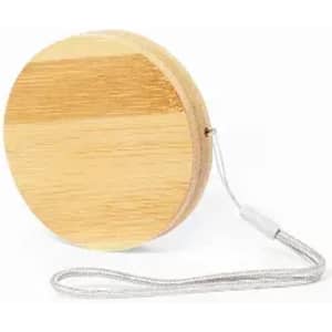 A yo-yo made of bamboo with a natural wood finish and a silver string attached.