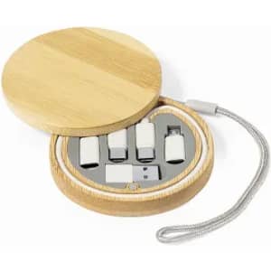 A bamboo storage case containing five white USB adapters with a grey interior and a silver carrying strap.