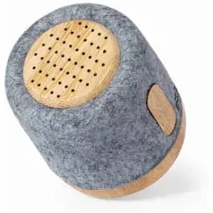 A grey felt drink bottle with a wooden base and a perforated design on top, featuring a branding logo.