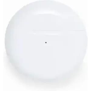 A round, white drink bottle with a smooth surface and a small black dot on one side. It features a logo.