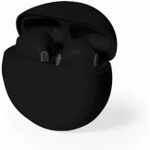A pair of black wireless earphones in a matching charging case, featuring a sleek and compact design.