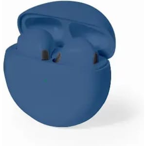 A blue earbud case with the earbuds inside, featuring a smooth, rounded design and a compact form.