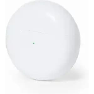 A white round product with a green indicator light and a branding logo.