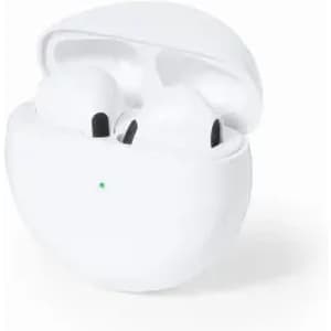 A pair of wireless earbuds in a white case, partially opened, with a small indicator light visible.