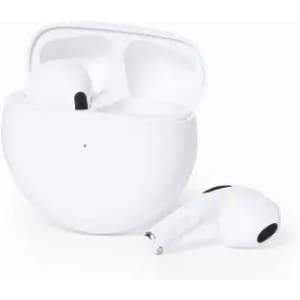 A set of white wireless earphones with a matching charging case. The earphones are partially out of the case.