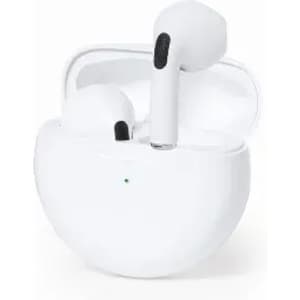 A pair of white wireless earbuds in a compact charging case, featuring a minimalist design and a small indicator light.