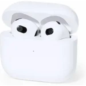 A pair of white wireless earbuds in their charging case, featuring a sleek design and a brand logo on the case.