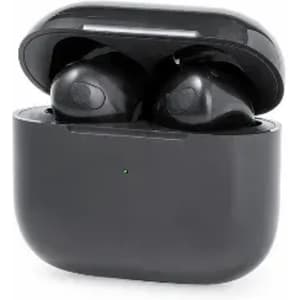 A wireless earbud case in black, with two earbuds nestled inside, slightly open, featuring a small light indicator.