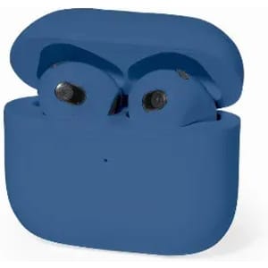 A blue wireless earbud case with earbuds inside, featuring a simple design and a logo.