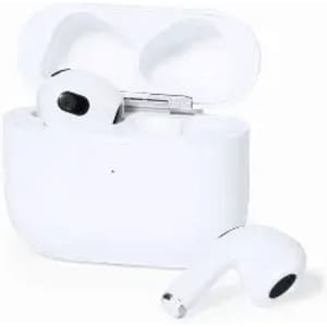 A pair of white wireless earbuds in their charging case, with one earbud outside the case.