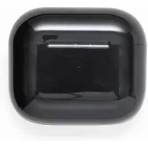 A black wireless earbud case with a glossy finish and a simple design, featuring a small logo on the front.