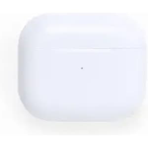 A white charging case for wireless earbuds, featuring a simple design and a small indicator light.