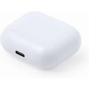 A white wireless earbuds case with a charging port. The case has a rounded rectangular shape.