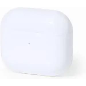 A white airpod case with a smooth, rounded design and a small dot on the front. It has a logo on the surface.