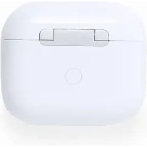 A white wireless earbuds charging case with a small button on the front and a sleek design.