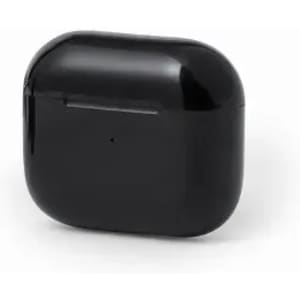 A black wireless earbud case with a glossy finish and a small indicator light. It features a closed design.