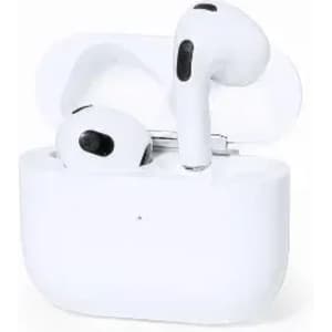 A pair of white wireless earbuds in a white charging case, with black accents on the earbuds.