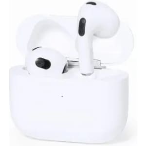 A pair of white wireless earbuds in a charging case, featuring a sleek design and a black accent.