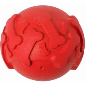A red rubber ball with a textured surface featuring raised bone shapes. Ideal for pet play and fetch.