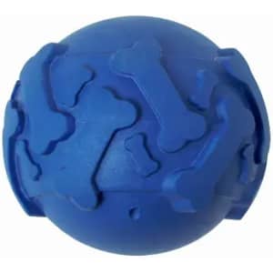 A blue rubber ball featuring an embossed bone pattern and a logo.