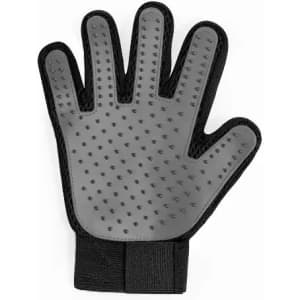 A pet grooming glove with a grey rubber surface and black mesh backing, featuring raised bumps for tactile use.