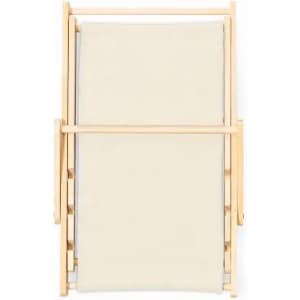 A folding chair with a beige fabric seat and a light wooden frame. The chair is in a closed position.