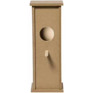 A birdhouse made of natural wood with a circular entrance, featuring a rectangular shape and a flat roof.