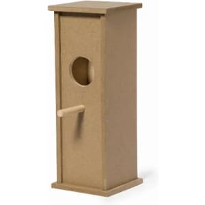 A birdhouse made of natural wood material, featuring a round entrance hole and a perch.