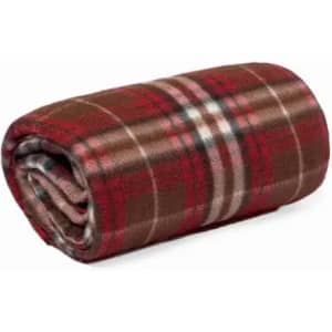 A rolled-up blanket featuring a plaid pattern in shades of brown, red, and cream. It has a soft, textured appearance.