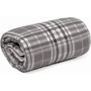A rolled grey blanket with a plaid pattern, featuring various shades of grey and white. It has a soft texture.