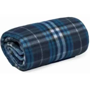 A rolled-up fleece blanket featuring a blue plaid pattern. It has a soft texture.