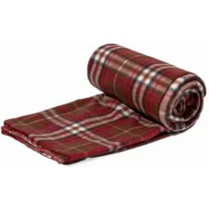 A rolled-up red and brown checkered blanket with a soft texture. It features a plaid pattern throughout.