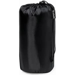 A black drawstring pouch made of smooth material, featuring a closure at the top and a small branding tag.