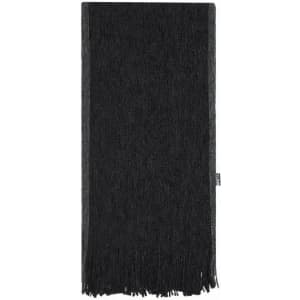 A dark grey scarf with fringe detailing, featuring a subtle texture and a branded tag.