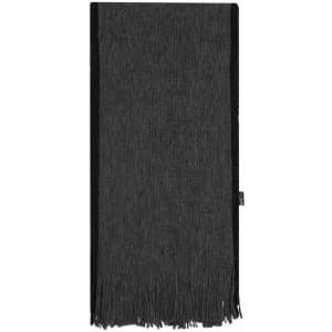 A grey scarf with fringed edges, featuring a simple design and a subtle texture. It has a branding label on one side.
