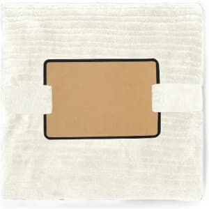 A soft, cream-coloured cushion with a rectangular insert and two attached straps. It has a plain surface.