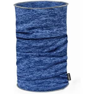 A drink bottle in shades of blue, featuring a textured fabric design and a small branding tag.