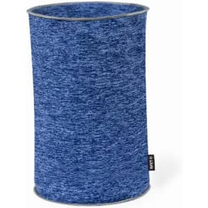 A drink bottle holder in a textured blue fabric, featuring a branding label on the side.