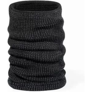 A black knitted neck warmer featuring a textured design and a flexible, stretchy fit.