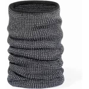A dark grey knitted neck warmer with a textured pattern, featuring a stretchy, tubular design.