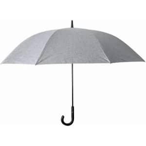 A grey umbrella with a black hook handle, featuring a simple, sleek design.