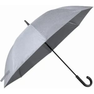 A grey umbrella with a curved black handle and a simple design, featuring a logo on the fabric.