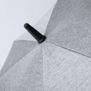 A grey umbrella with a textured fabric finish and a black top button. It features a classic eight-panel design.