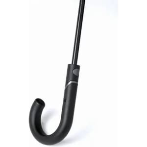 A black umbrella with a curved handle and a sleek, minimalist design. It features a branding logo on the handle.