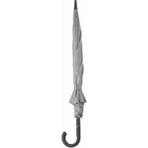 A grey umbrella with a curved black handle and a folding design. It features a simple, sleek appearance.