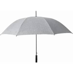 A grey umbrella with a sleek handle and a curved design, featuring a black grip. It has a logo on the handle.