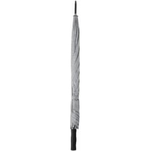 A grey umbrella with a black handle, featuring a sleek design and a wrapped cover.