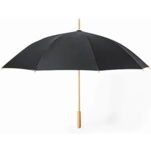 A black umbrella with a bamboo handle, featuring a wide canopy for coverage.