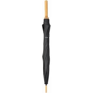 A black umbrella with a bamboo handle and a sleek design, featuring a logo on the fabric.