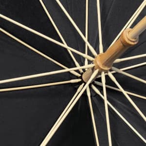 A black umbrella with a wooden handle and exposed ribs, showcasing its interior structure.